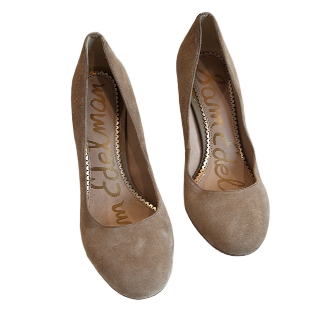 Sam Edelman Size 8 Stillson suede 4” block heel pumps. Camel color neutral chic - Picture 2 of 10